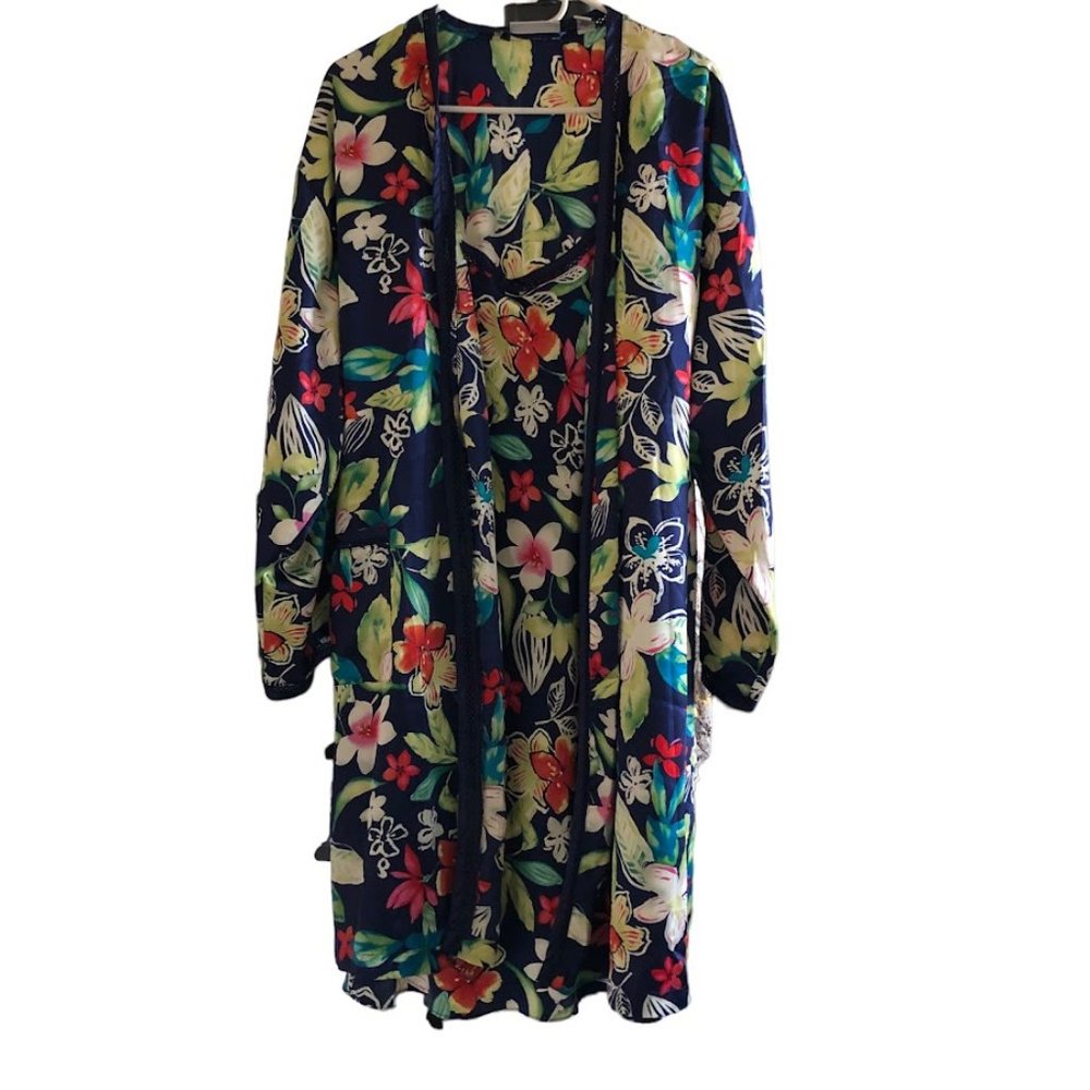 Valerie Stevens Two Piece Sleepwear Robe & Nightdress Blue Floral Women's Large